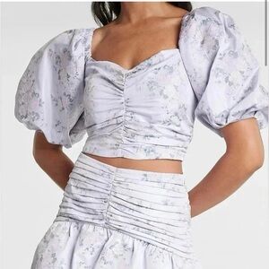 Express Lavender Purple Floral Short Puff Sleeve Ruched Cropped Top size L